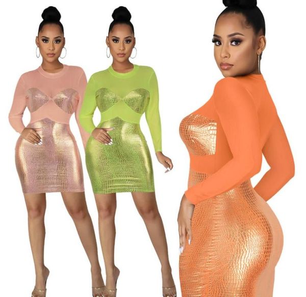 

casual dresses clubwear lady dress shiner patchwork round neck long sleeves women slim waist mini bodycon nightclub 2021 autumn, Black;gray