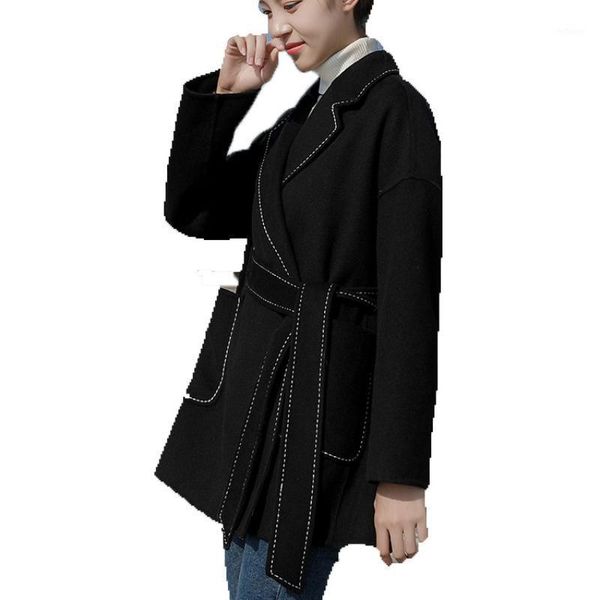 

double-sided loose-fitting women's winter woolen coat solid color double-breasted lapels fashion ever-changing style wool & blends, Black