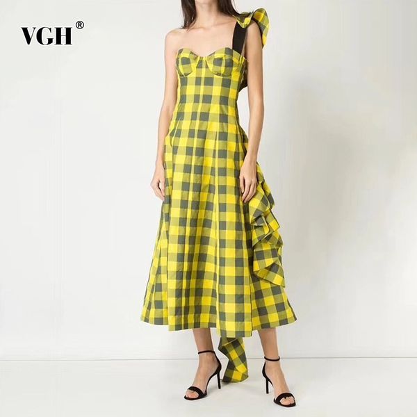 

vgh patchwork plaid dress for women asymmetrical sleeveless off shoulder elegant slim ruffles dresses female fashion summer 210421, Black;gray