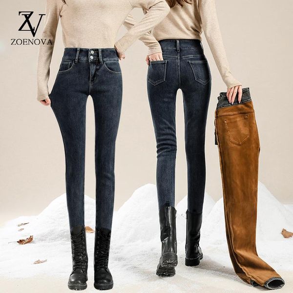 

women's jeans zoenova women fleece 2021 winter high waist plus velvet thickening keep warm loose harlan denim pants for female 3 color, Blue