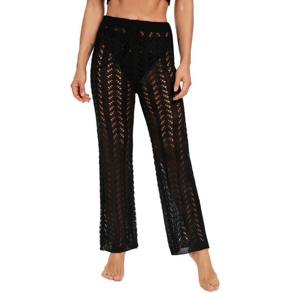 

women wide leg pants hollow out cover up crochet beach bikini bottom swimsuit trousers for lady swimwear, Black;white