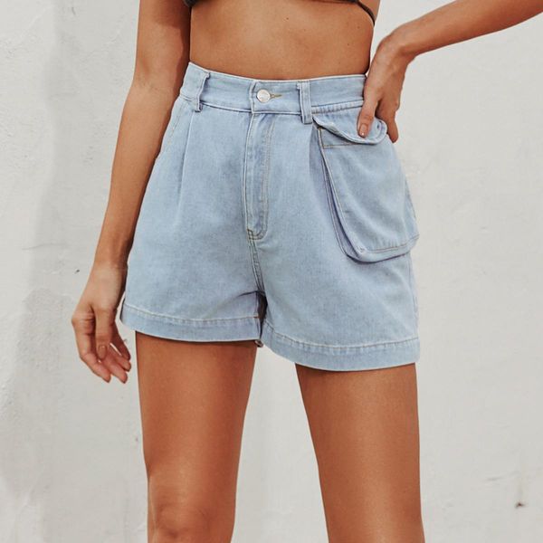 

fashion jeans for women 30219# women's fashion versatile pocket high waist washed denim straight shorts, Blue