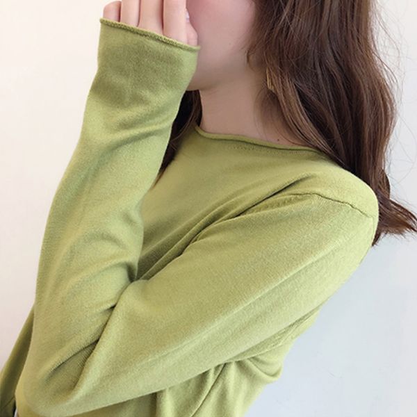 

2021 autumn winter cuffs o-neck cotton pullovers knit women long sleeve loose stretch sweaters lady solid color ruched wool, White;black