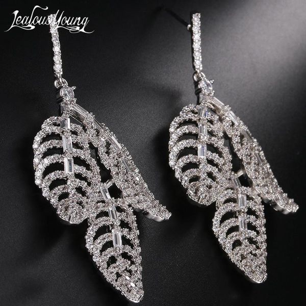 

dangle & chandelier luxury big leaf shape cubic zircon drop earrings white gold color wedding india africa fashion jewelry, Silver