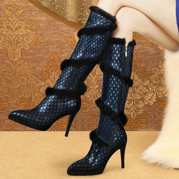 

boots 2021 women suede knee high fashion zipper platform ladies pointed toe thin heel winter long black blue