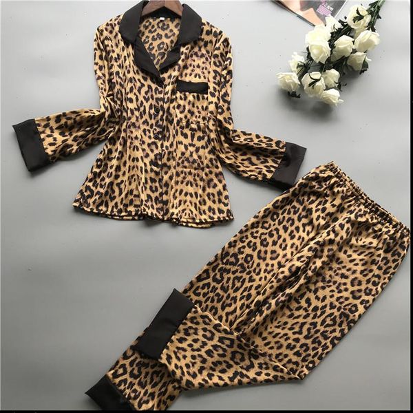 

pajamas sets with pants silk womens sleepwears homewear satin leopard print lounge pijama long sleeve pyjamas thin sleepwear, Black;red