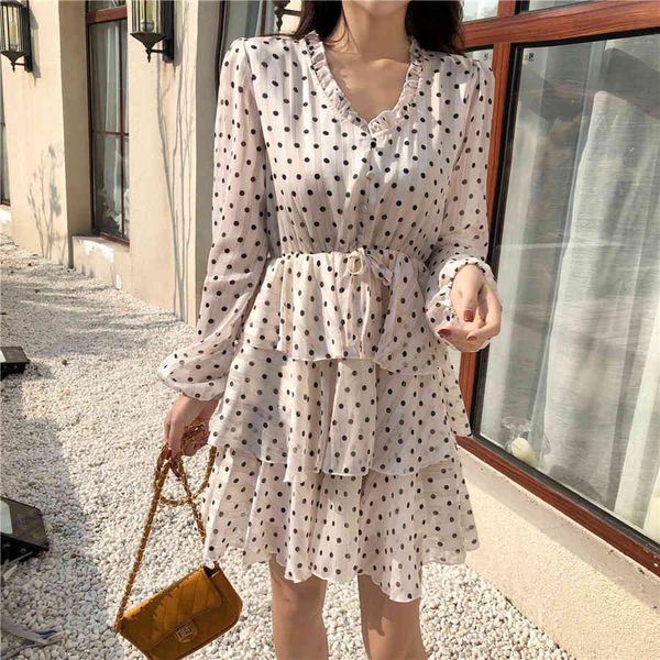 

casual dresses early autumn australia vintage gold line polka dot cake ankle-length high waist v-neck ruffled women mtux, Black;gray