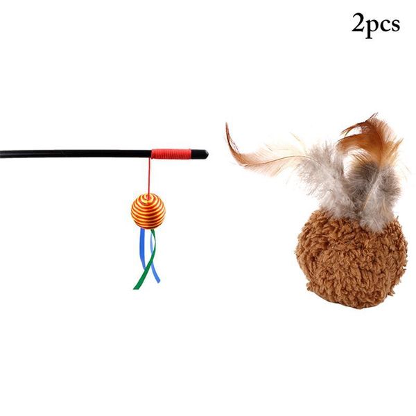 

cat toys 2pcs teaser toy bell ribbon ball wand with feather funny favor interactive for pet