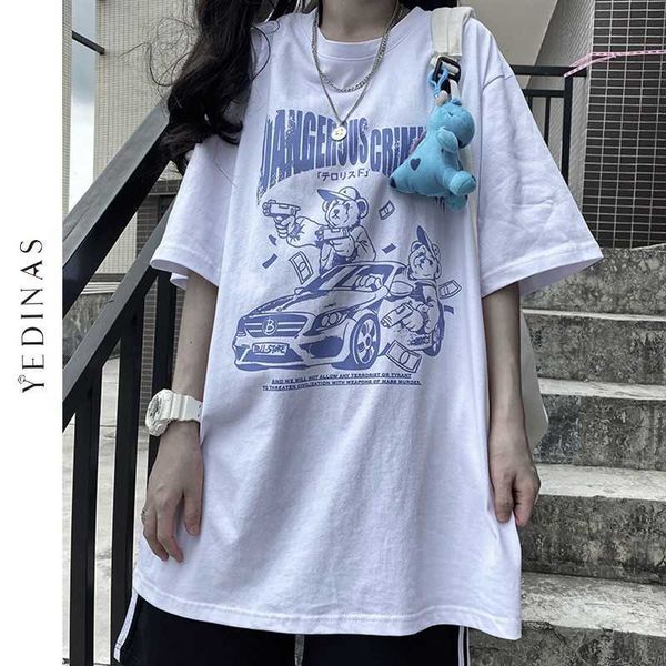 

yedinas casual loose oversized t shirt ladies harajuku printed short sleeve tee women black streetwear t-shirts cotton 210527, White