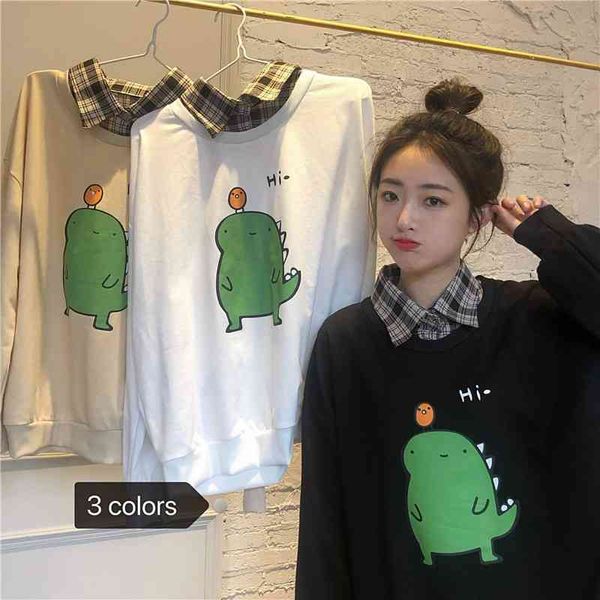 

fake two-piece sweater girl 2021 new spring and autumn clothes korean loose cartoon versatile for junior high school students, Black