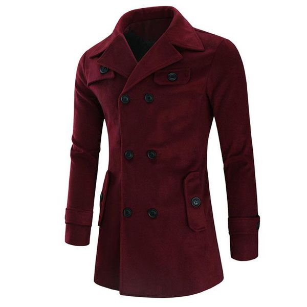 

men's wool & blends double-breasted long coat winter thick lapel slim and warm pure color woolen trench, Black