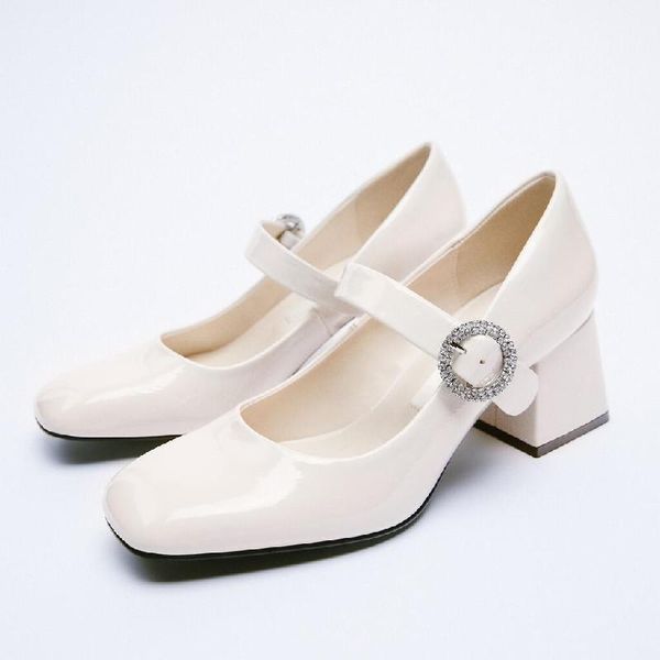 

dress shoes lady mary jane high heels women's 2021 thick-heeled rhinestone retro square toe french girly temperament single, Black