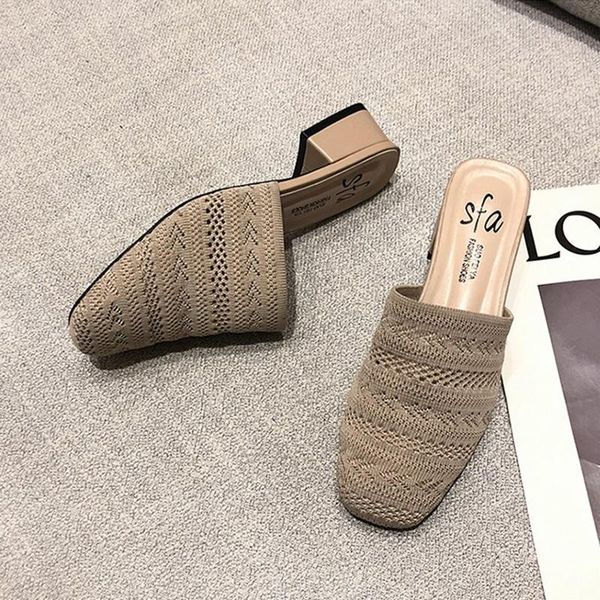

slippers knitted close toe women cut out cloth flipflops thicken wedges heels beach shoes breathable mules weaving, Black