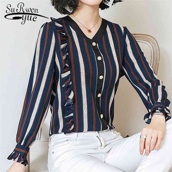 

fashion women blouses plus size chiffon shirt v collar striped office long sleeve shirts 2343 50 210506, White