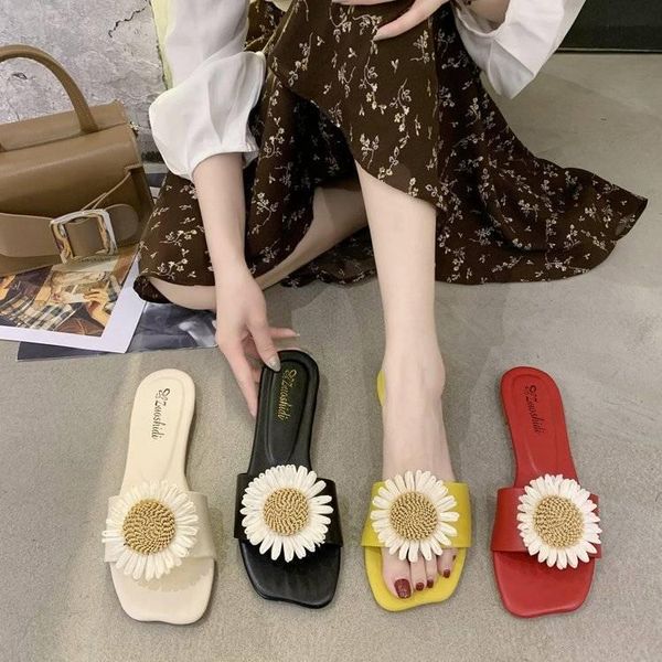 

summer beach slippers fashion korea daisy flower flat for women pu leather anti-slip ladies slides outsoor shoes, Black