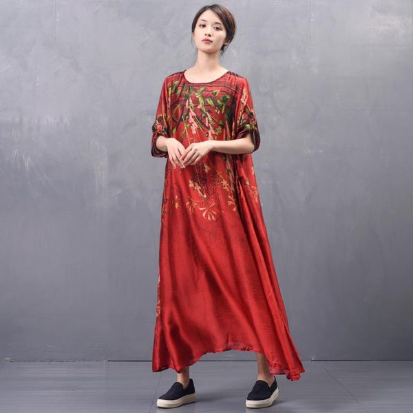 

casual dresses red silk floral women 2021 summer long office work beach boho party dress plus size fashion loose dropship, Black;gray