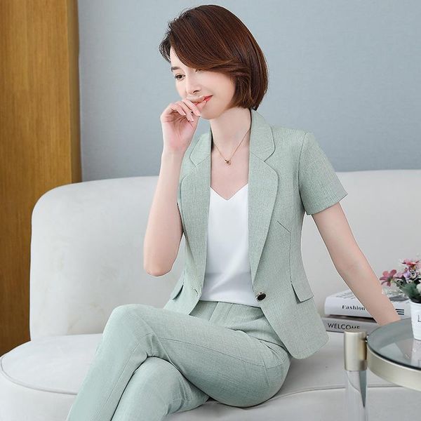 

two piece dress novelty green formal ol styles pantsuits for women business work wear summer short sleeve professional ladies office blazers, White