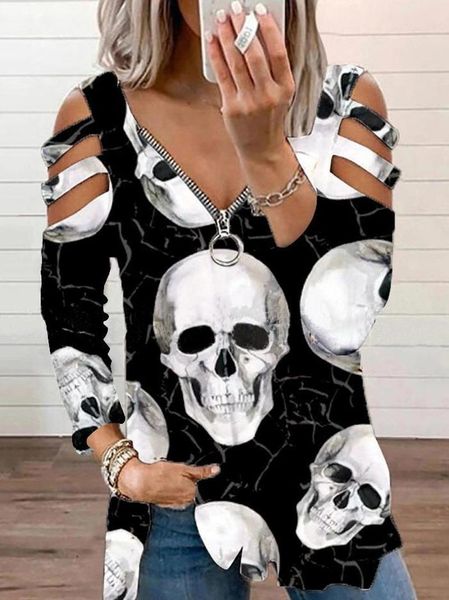 

halloween 4 t-shirts long sleeve hollow round neck loose fashion women, White