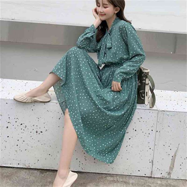 

casual dresses bow-neck polka dots female full sleeve elastic waist chiffon pleated women autumn midi vestidos femme nho1, Black;gray