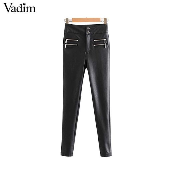 

women's pants & capris vadim women stylish pu leather pocket decorate zipper stretchy slim fit black female casual trousers mujer kb191, Black;white