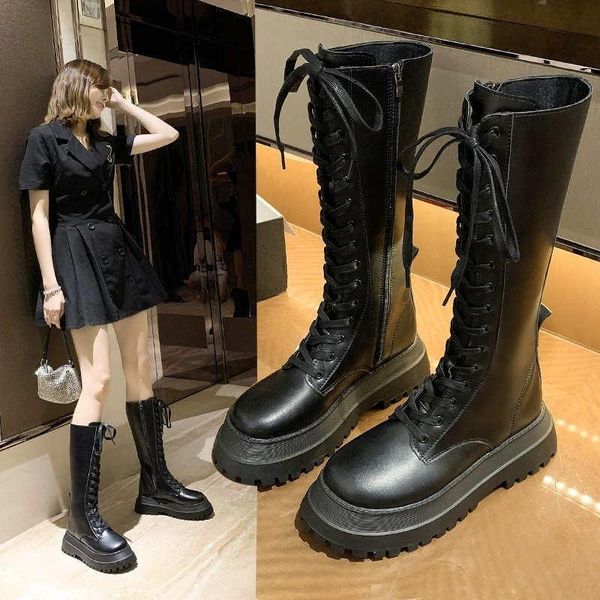 

boots women's army combat ankle lace-up shoes gothic thick-soled leather thick heel fashion botas mujer, Black