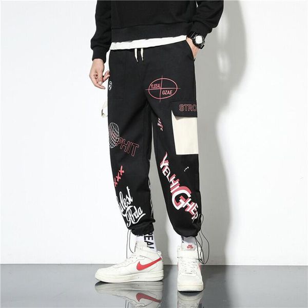 

men's pants harajuku print pockets cargo men 2021 casual drawstring loose jogging trousers mens spring summer hip hop streetwear, Black