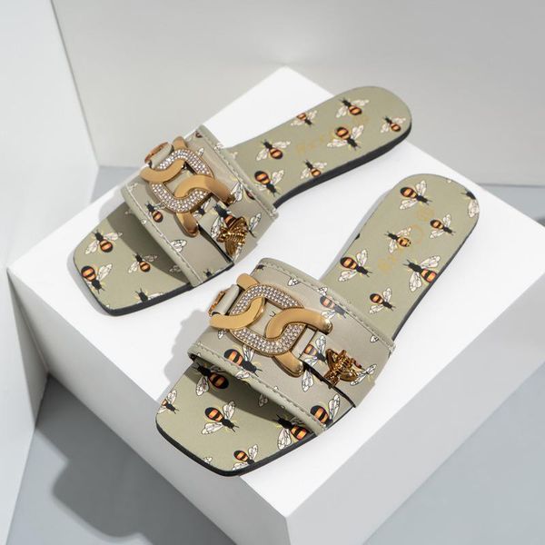 

ladies slippers square toe rhinestone metal slides cartoon bees print casual flip flops beach shoes flat size 41 42, Black