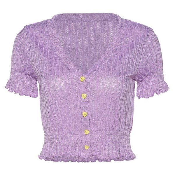 

women's t-shirt women short sleeve ruffles ribbed v-neck shirred buttons crop est, White