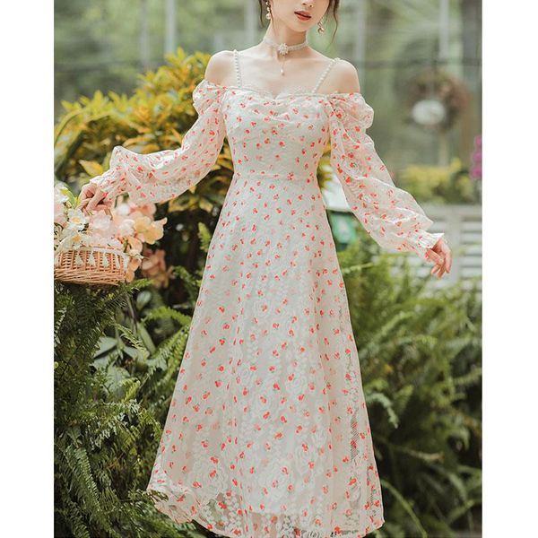 

casual dresses 2021 spring and fall niche dress women french sweet square collar midi pearl floral feminine elegant lace, Black;gray