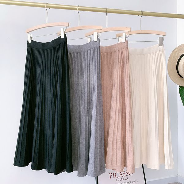 

knitted pleated skirt women autumn winter high waist a-line long skirt elastic warm loose streetwear sweater skirts 210419, Black