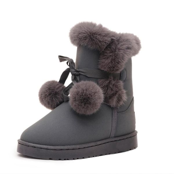 

winter thick warm female tube hair ball cotton shoes snow boots, Black