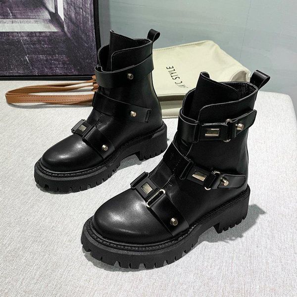 

boots winter shoes woman fashion platform black motorcycle female autumn drop women's leather metal buckle ankle