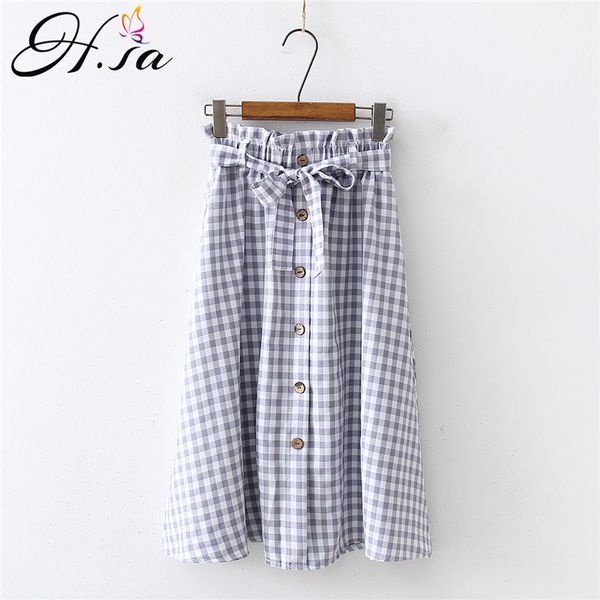 

h.sa roupa mujer women skirts elastic wasit bow sashes plaid long skirt button up pink blue streetwear jupe faldas 210417, Black