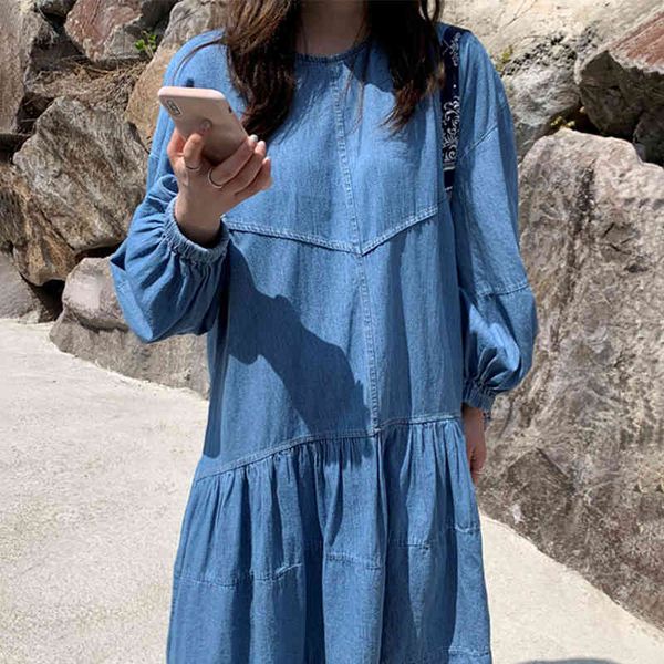 

spring female loose casual round neck solid color long sleeve minimalist blue denim pleated hem a-line dress 8y056 210510, Black;gray