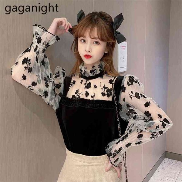 

korean dot mesh lace blouses patchwork slim long sleeve black women stand collar office ladies fashion girls 210601, White
