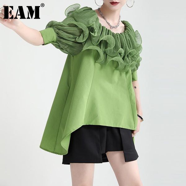 

women's blouses & shirts [eam] women green ruffles pleated irregular blouse round neck short sleeve loose shirt fashion spring summer 2, White