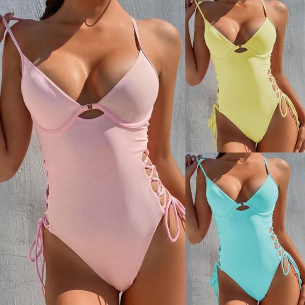 

one-piece suits solid color monokini swimwear women bikini set thickened steel drawstring bikinis swimsuit 2021
