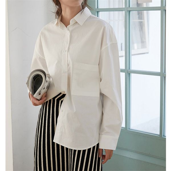 

white solid spring minimalist office lady loose all match casual cotton blouses full sleeves large size basic shirts 210421