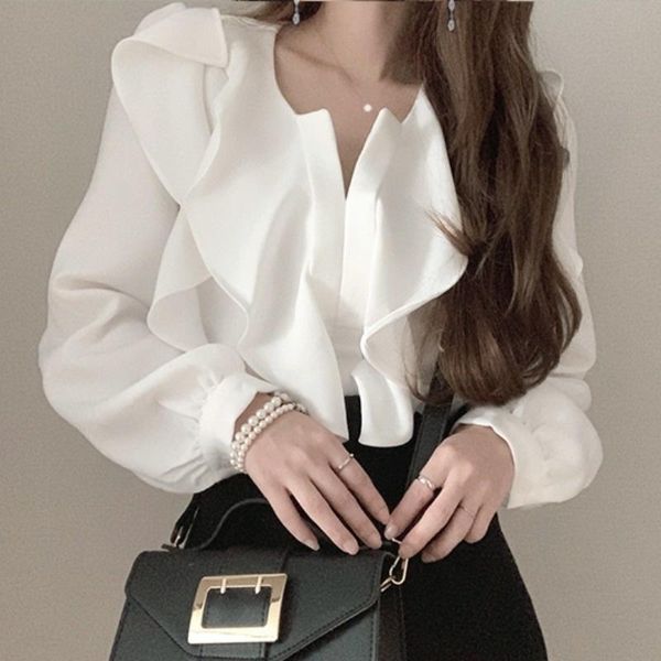 

women's blouses & shirts korean style chiffon shirt temperament early spring versatile loose ruffle long sleeve female white bottomed