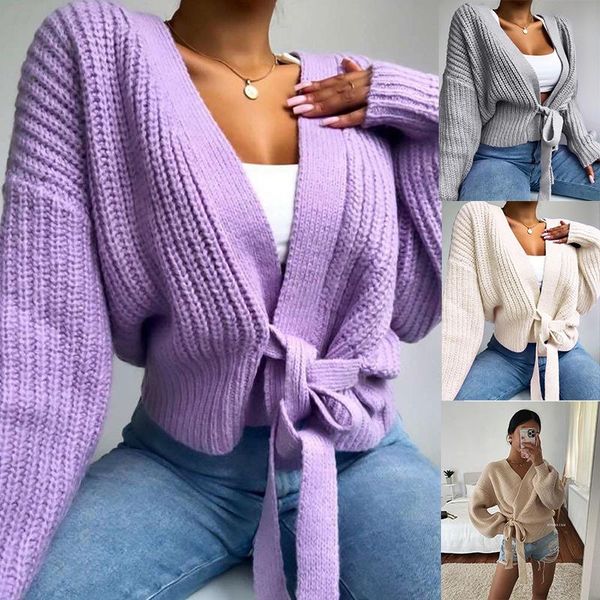 

women's sweaters autumn and winter 2021 v-neck lace up cardigan solid color hollow out knit purple sheepgrunge sweater whitecrop top, White;black