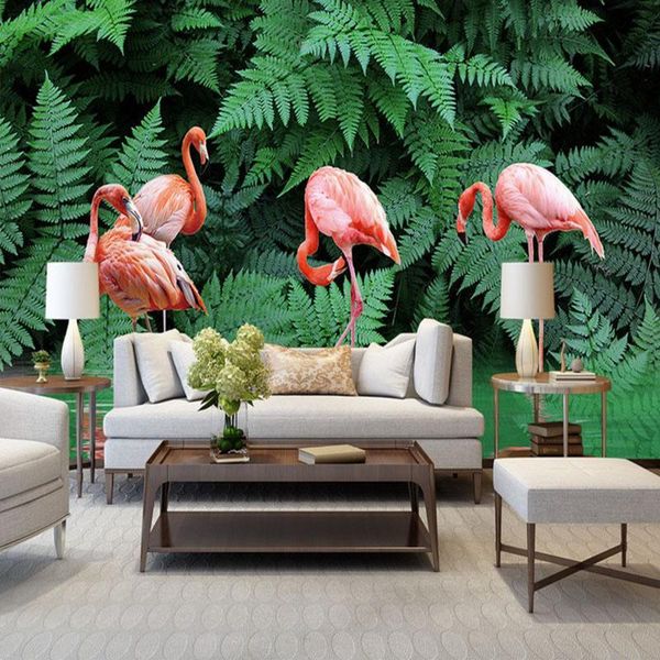 

wallpapers custom 3d poster wall painting rainforest green leaves po mural dining room kitchen bedroom living flamingo wallpaper