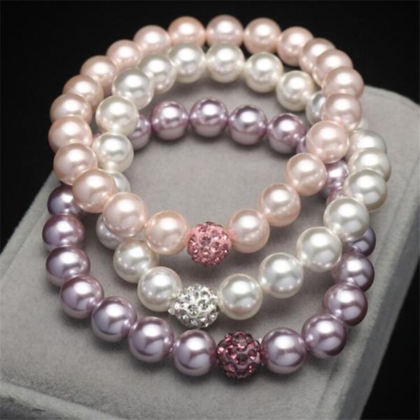 

beaded, strands korea fashion natural shell pearls beads with rhinestone crystal bracelets round bracelet for men women jewelry gifts 8mm, Black