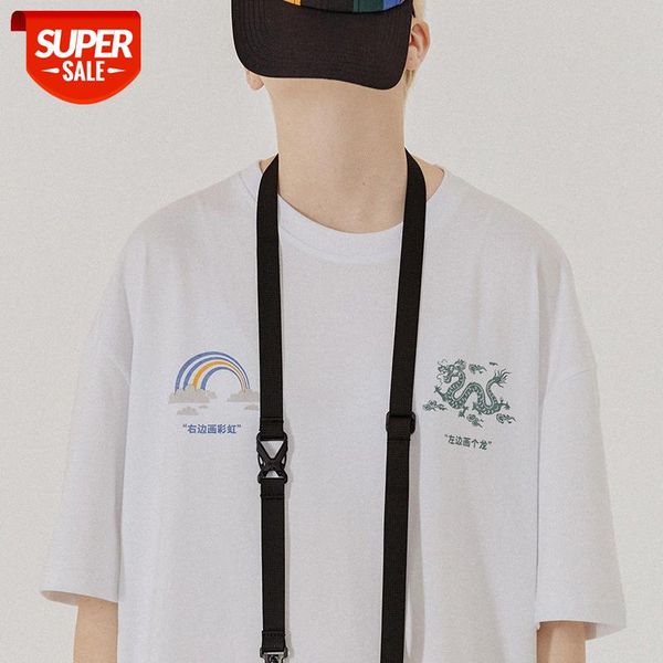 

draw a dragon on the left and rainbow printed short-sleeved t-shirt male ins tide brand hip-hop loose couple right #vz8i, White;black