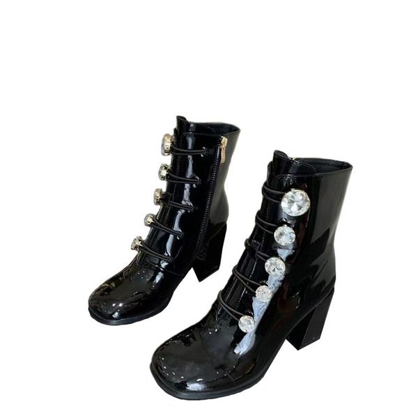

boots fashion women patent cowhide leather upper crystal square high luxury british style high-end shoes brand handmade, Black