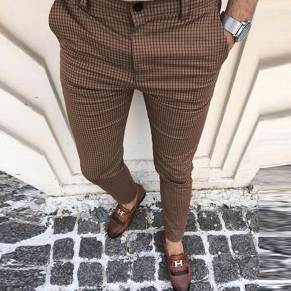 

men's pants men skinny streetwear autumn casual business mid waist pencil fashion grid plaid printing slim trousers vintage, Black