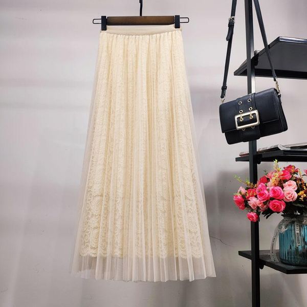 

women 2021 spring summer fashion high waist lace skirts female mid-long mesh ladies solid color a-line j249, Black