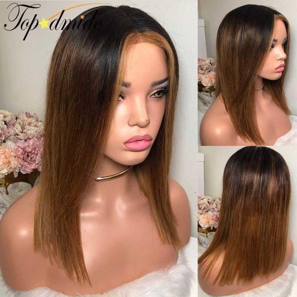 

dmido 13x6 #1b highlight color brown straight remy hair lace front wigs human wig 150% density1, Black;brown
