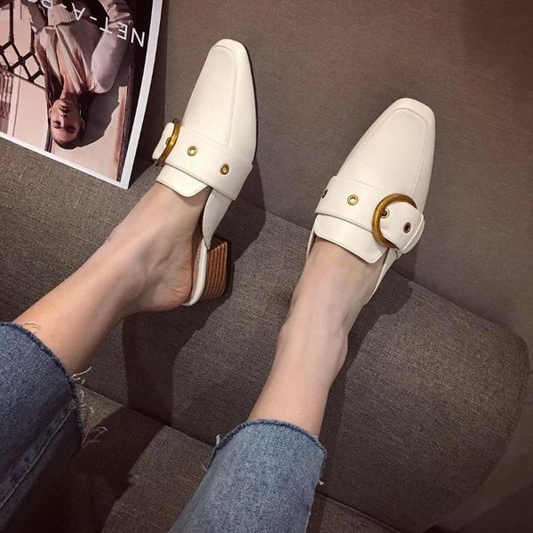 

female shoes square heel ladies' slippers cover toe med women heels 2021 block soft high slides pu casual rubber hoof, Black