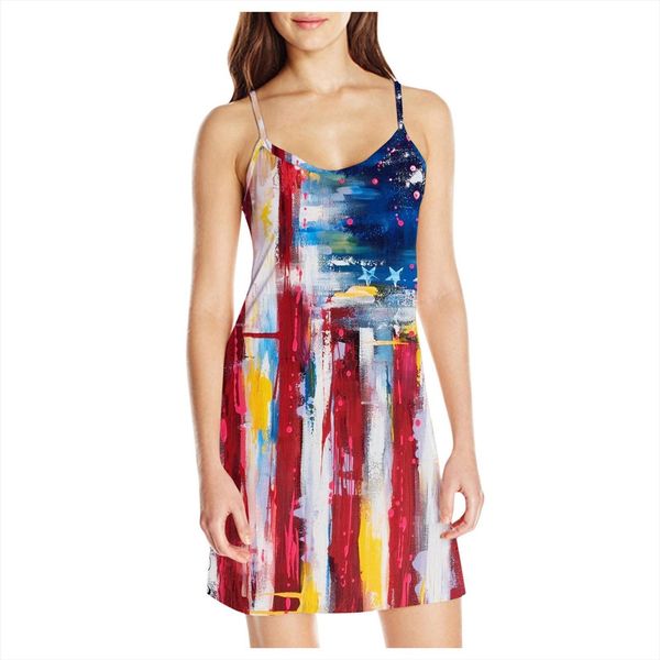 

independence day party summer womens dresses fashion casual spaghetti strap usa flag printed mini vestidos, Black;gray
