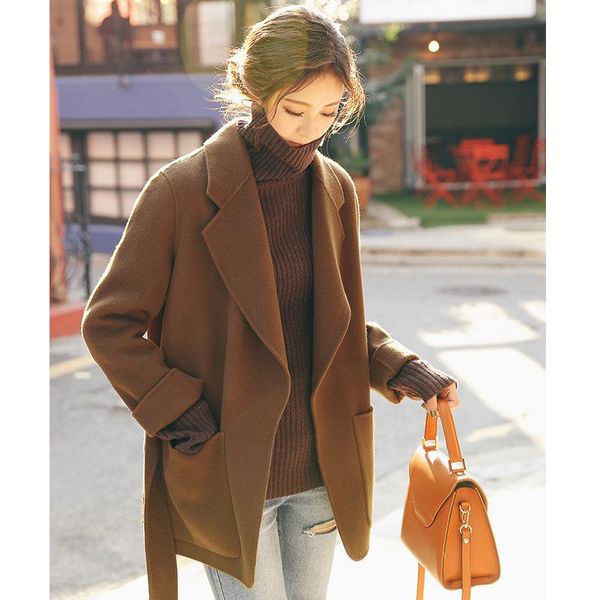

women's wool & blends caramel short lace up double faced coat for korean small woolen in autumn and winter of 2021, Black